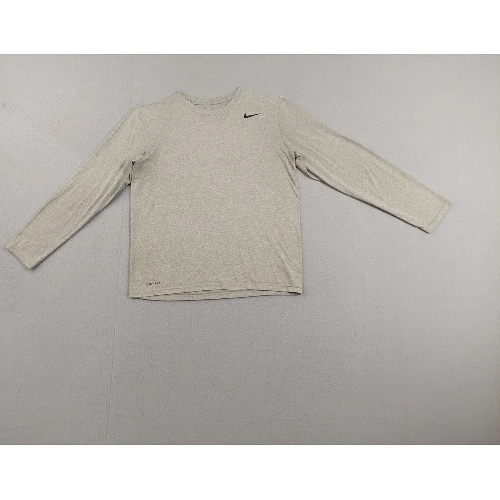 Nike Men Athletic Shirt M Gray Dri Fit 100% Polyester Logo Long Sleeve Crew Neck
